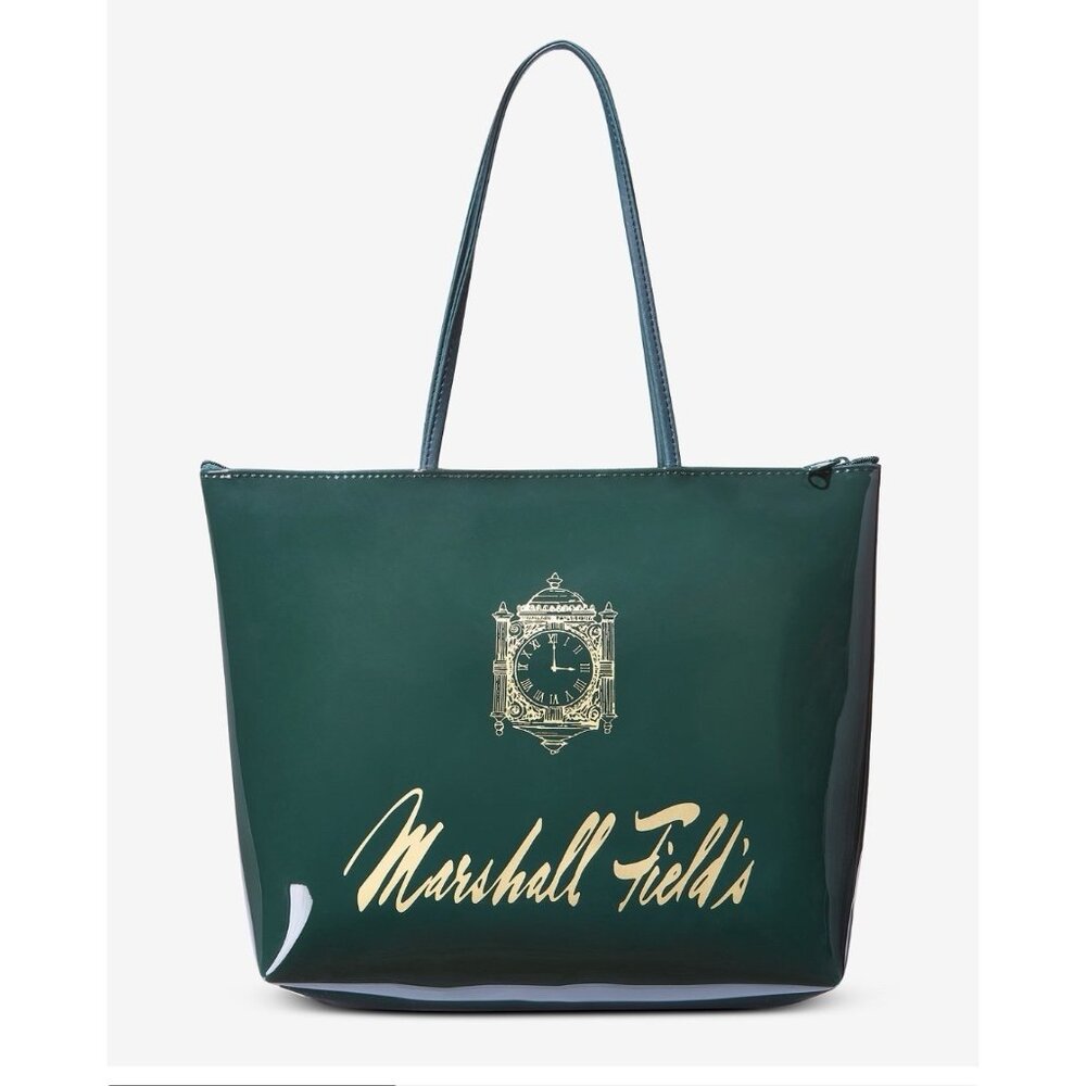 Marshall Field’s Tote Bag Green Vinyl Zip Top. NWT. Gift Tag Included